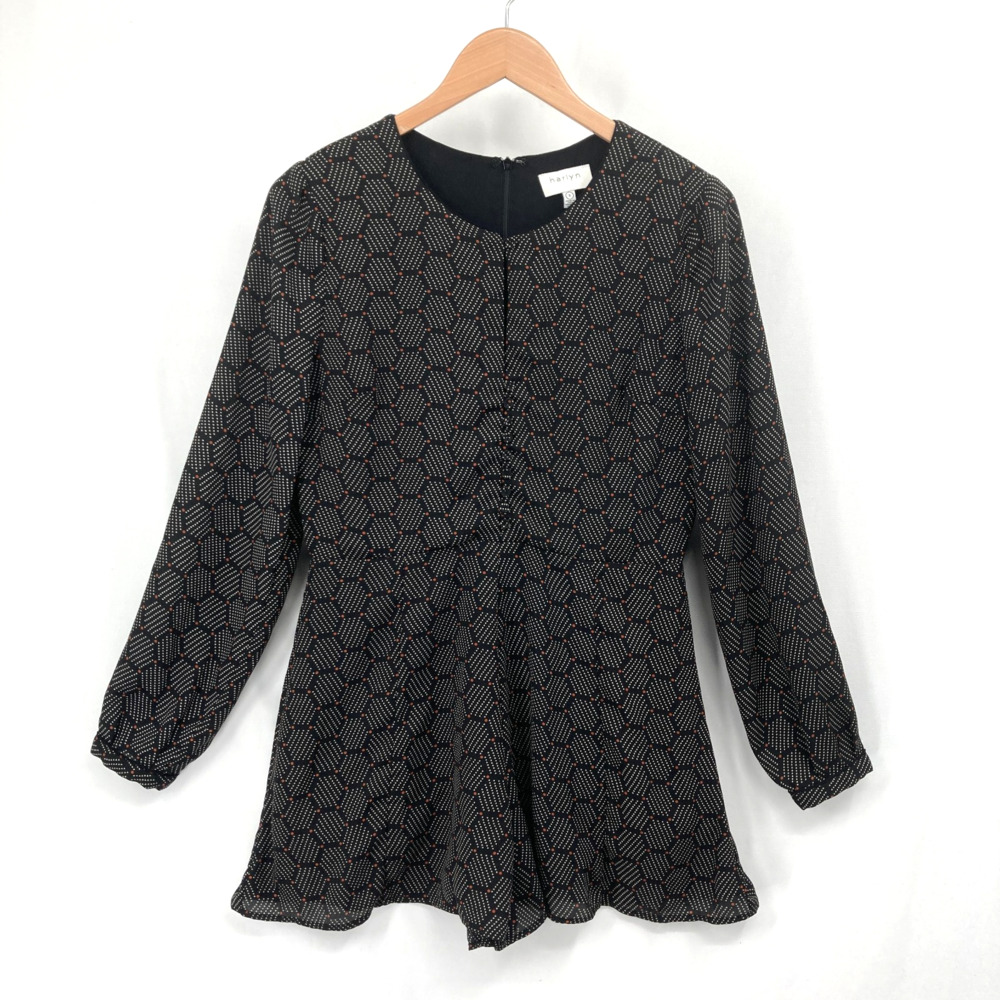 Harlyn Anthropologie Black White Geometric Dot Print Long Sleeve Small Romper